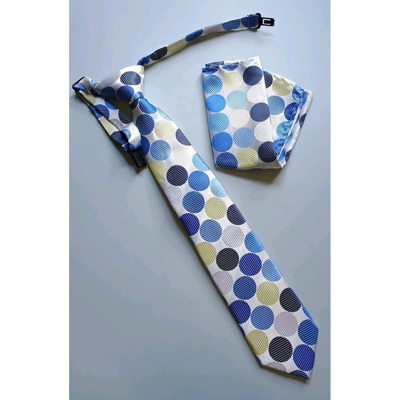Boys Easy Zipper Tie / Pocket Square Set (One Size) Polka Dots Circles Blues - Picture 1 of 4